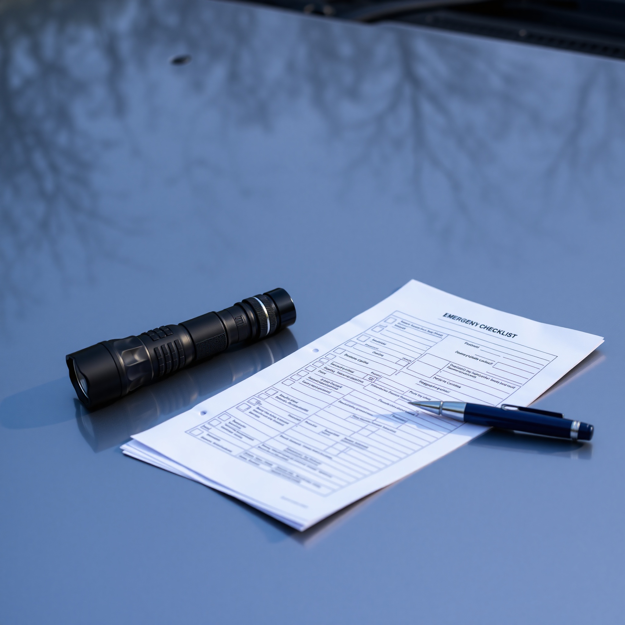 Emergency scene documentation showing first aid kit and accident report forms at accident location