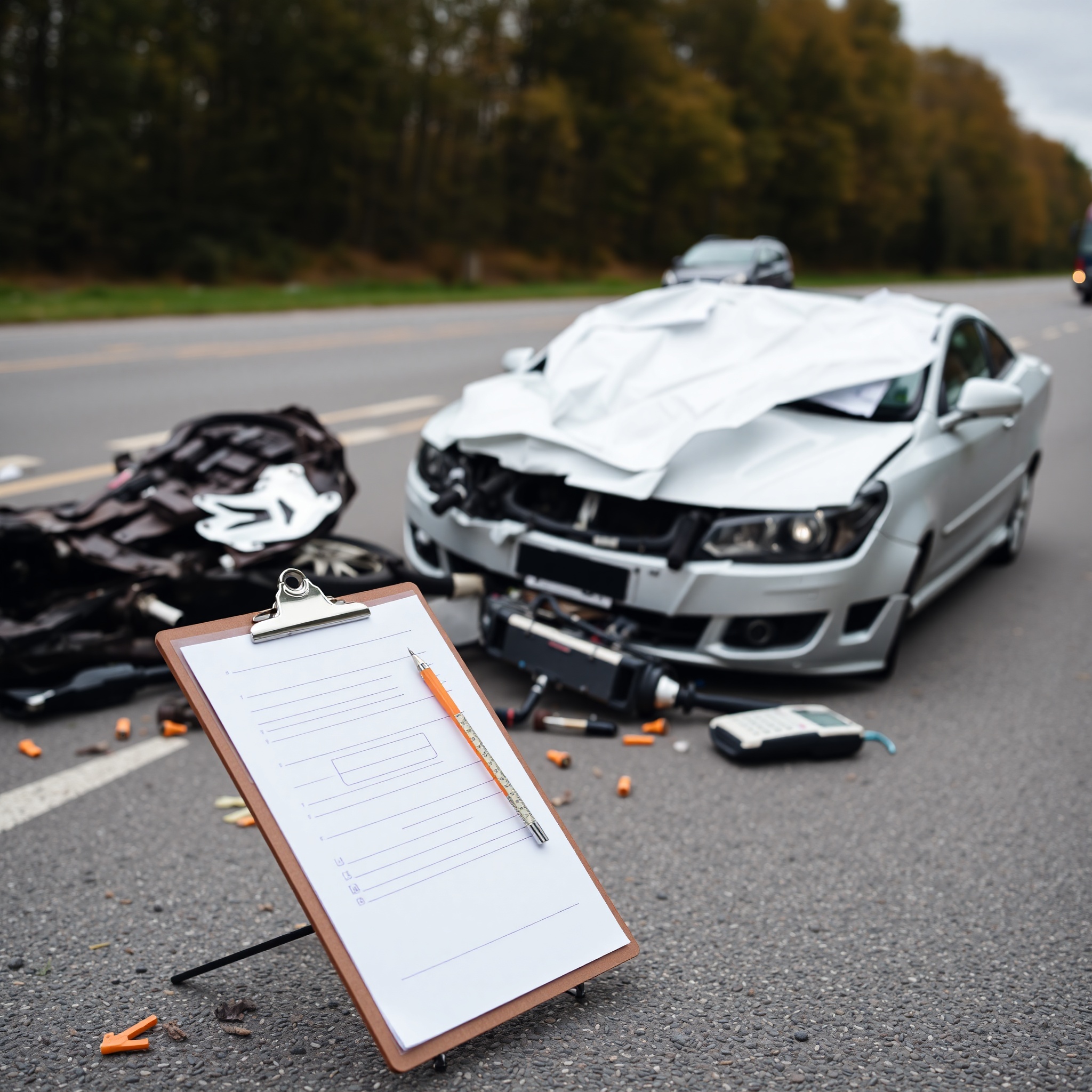 Professional accident scene documentation with clipboard and measurements
