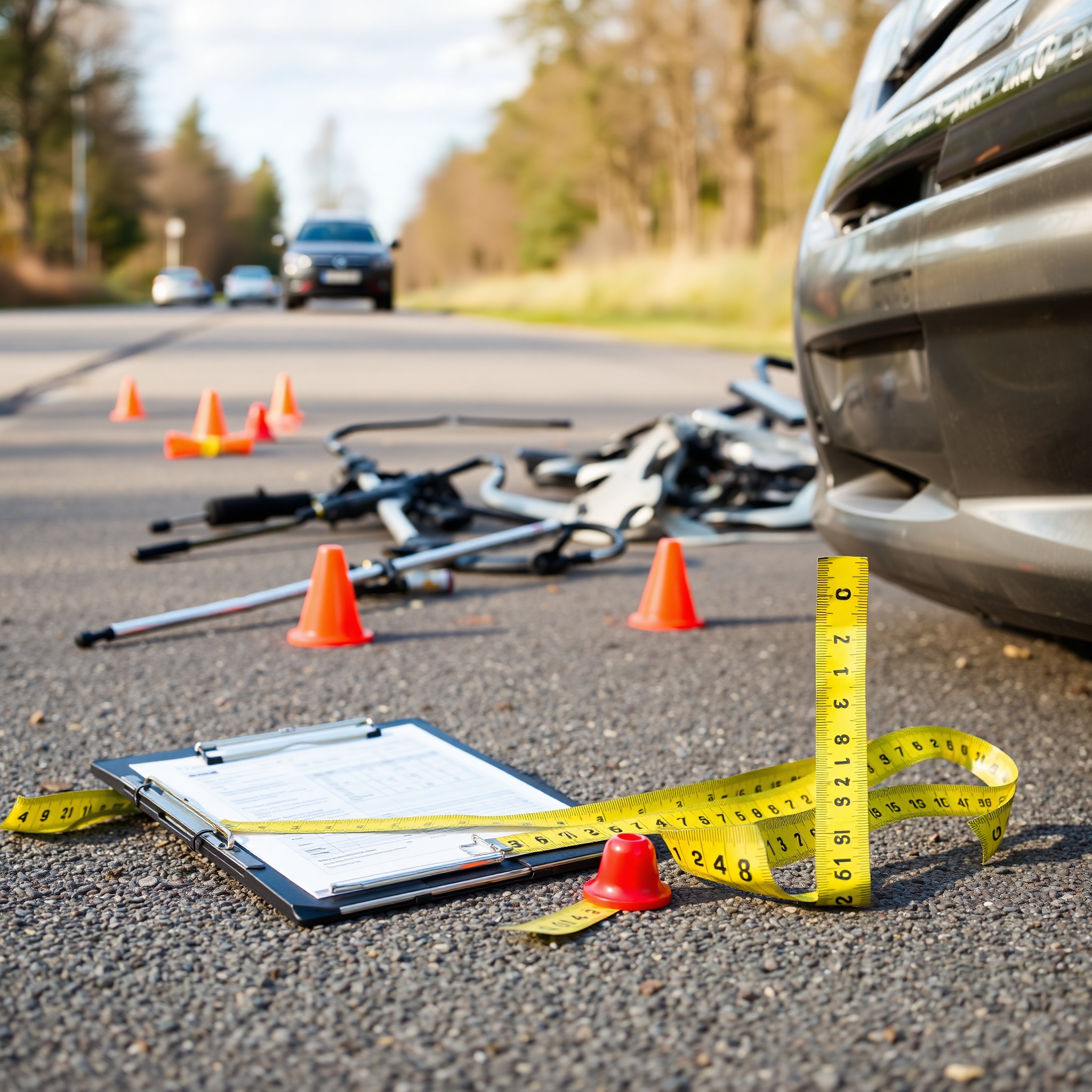 Emergency scene documentation showing accident site markers and measurement equipment
