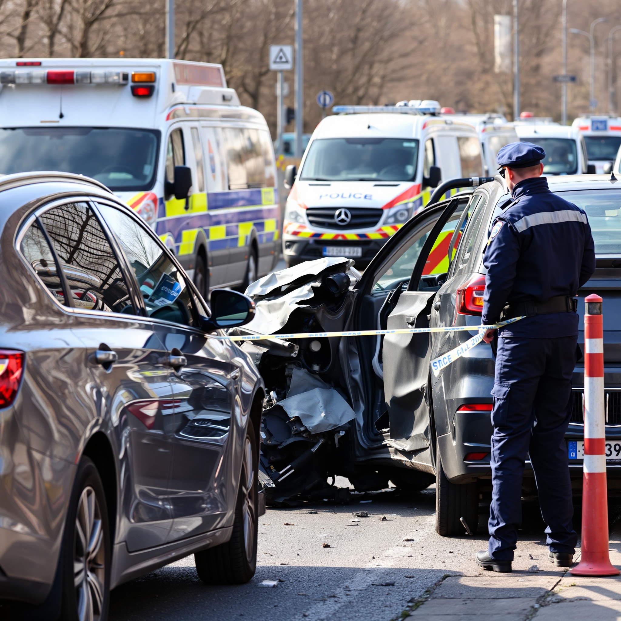 Traffic accident scene with emergency vehicles and professional documentation