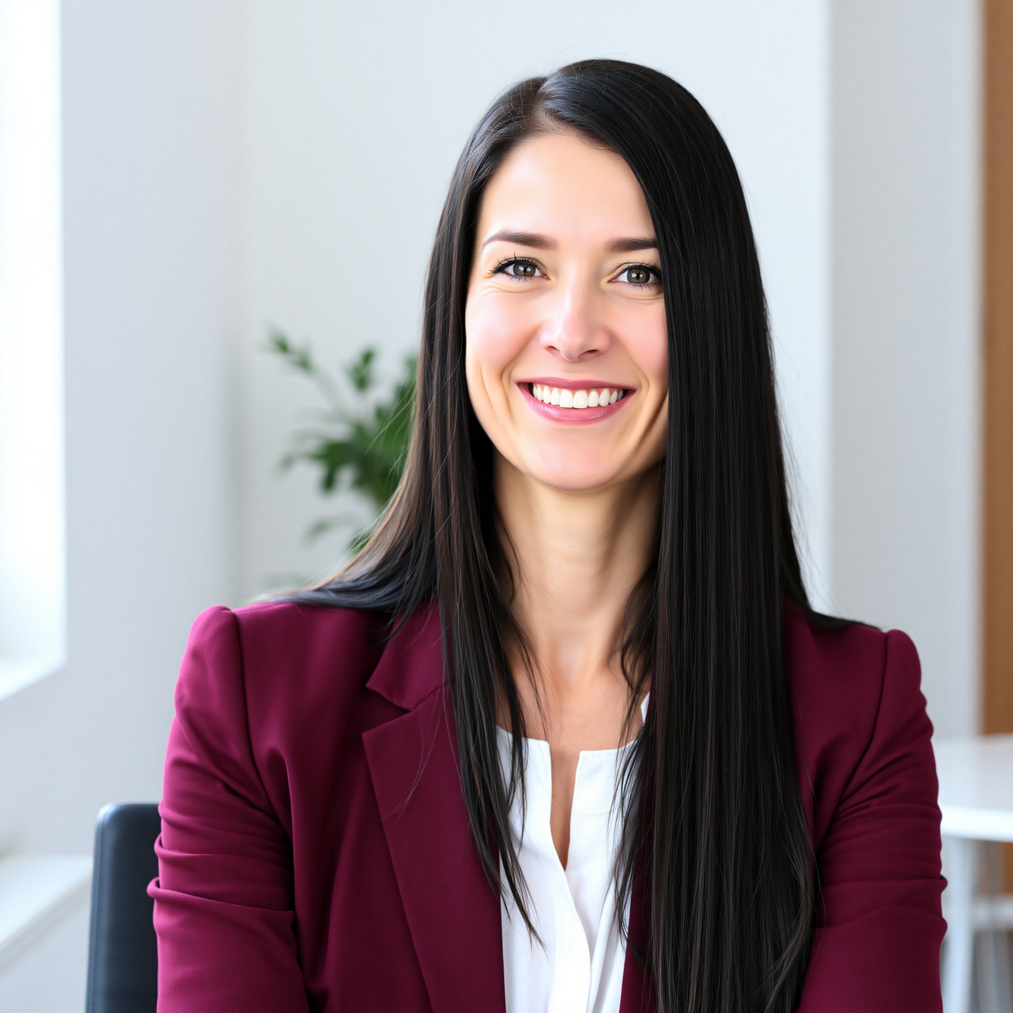 Portrait of female client age 35-45 with long dark hair wearing professional burgundy blazer in modern office