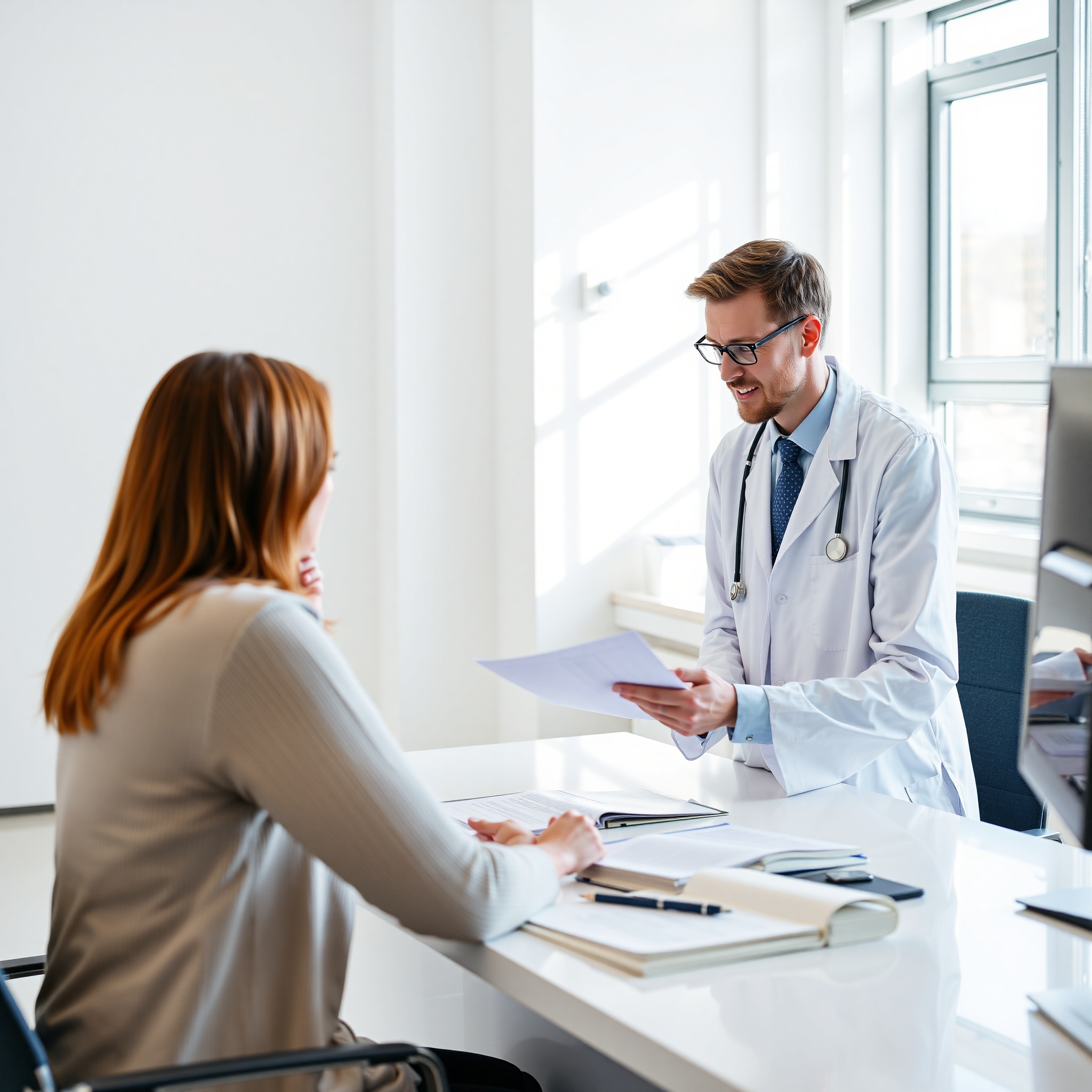 Medical professional reviewing patient accident injury documentation in modern clinic