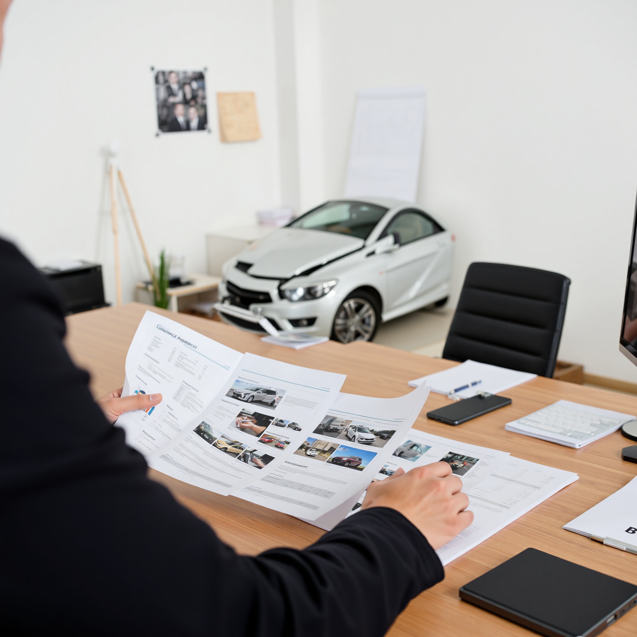 Vehicle damage assessment report with photos and valuation documentation on desk