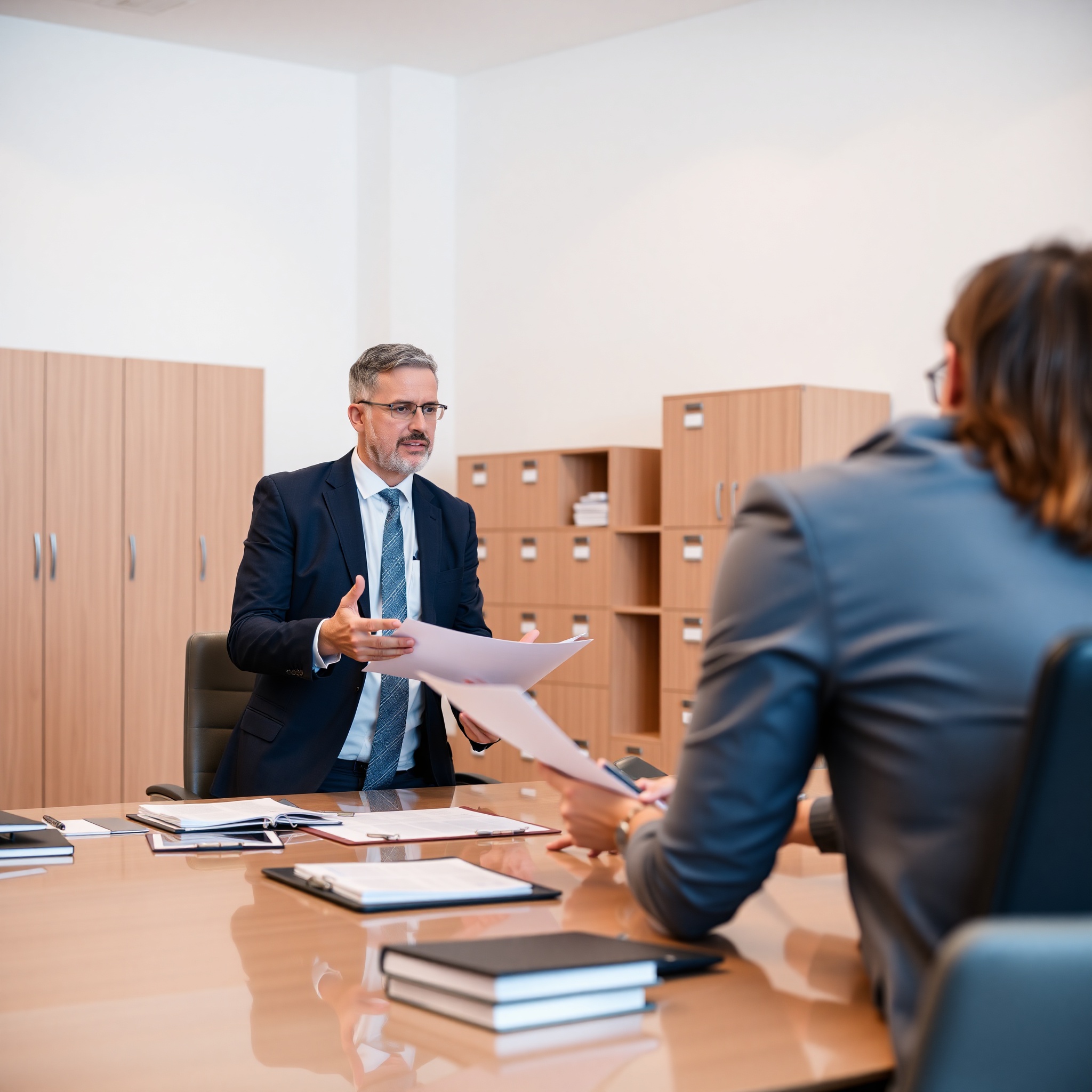 Insurance claims adjuster reviewing policy documents with client in professional office setting