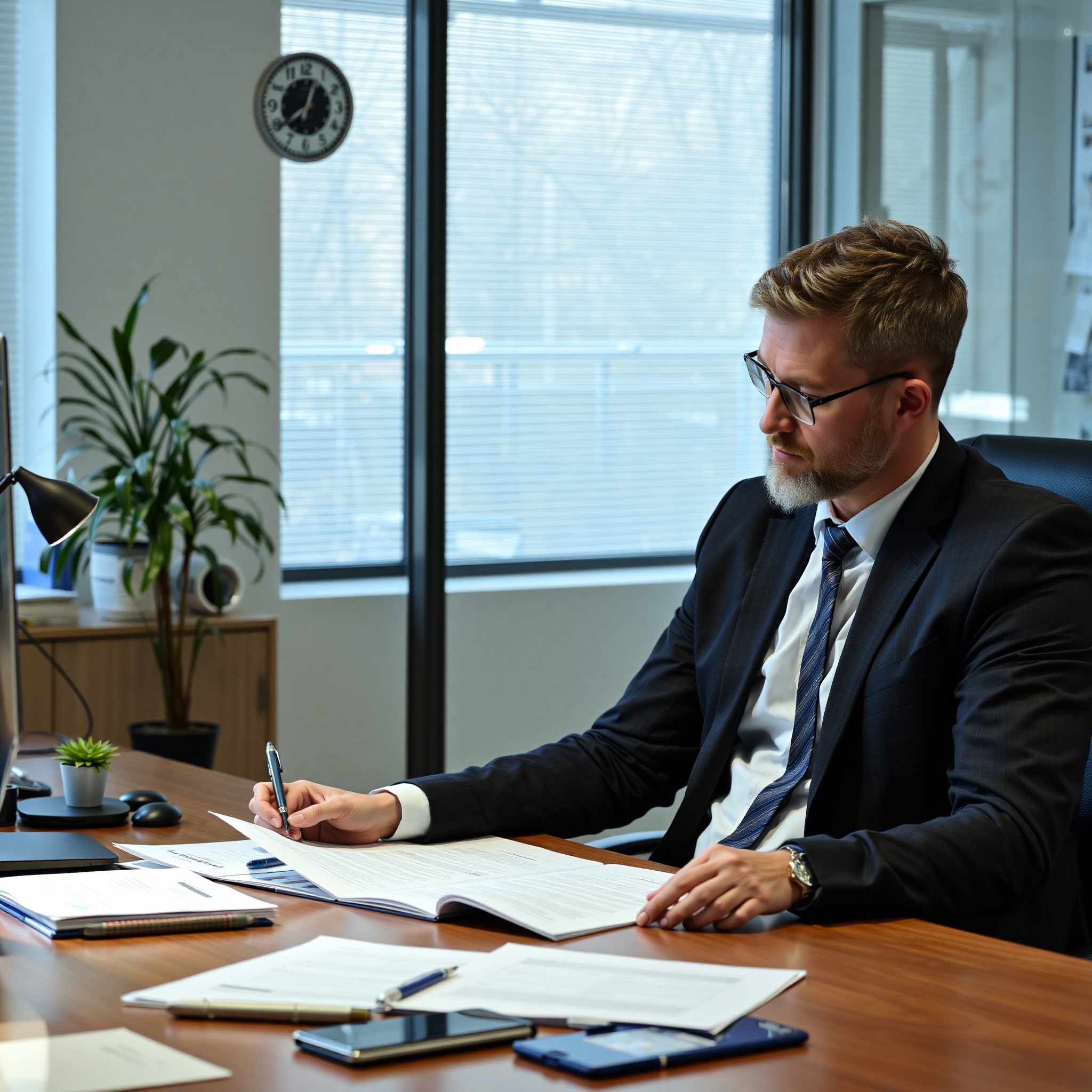 Insurance agent reviewing accident claim documents at office desk