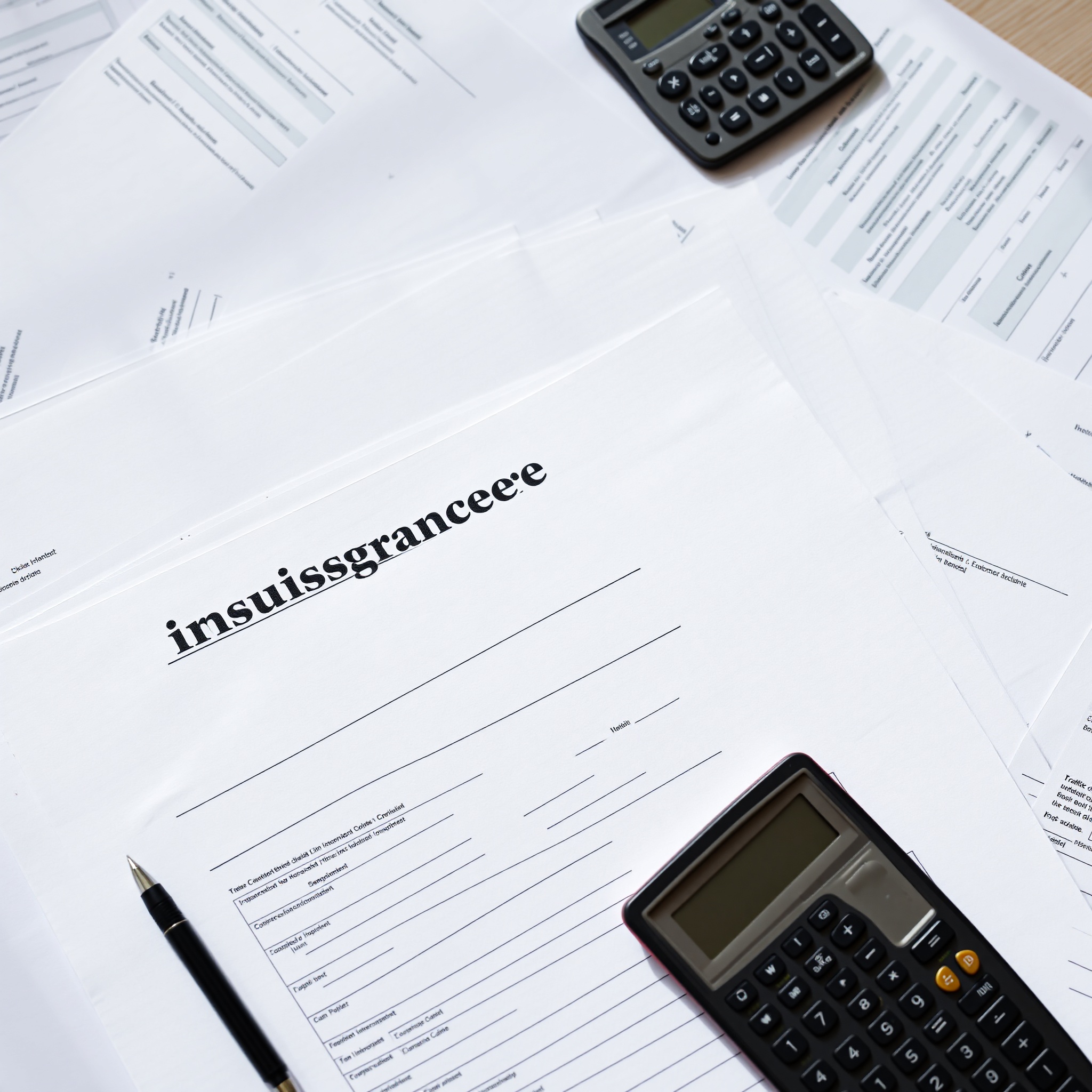 Professional workspace showing insurance claim documentation and pen on desk