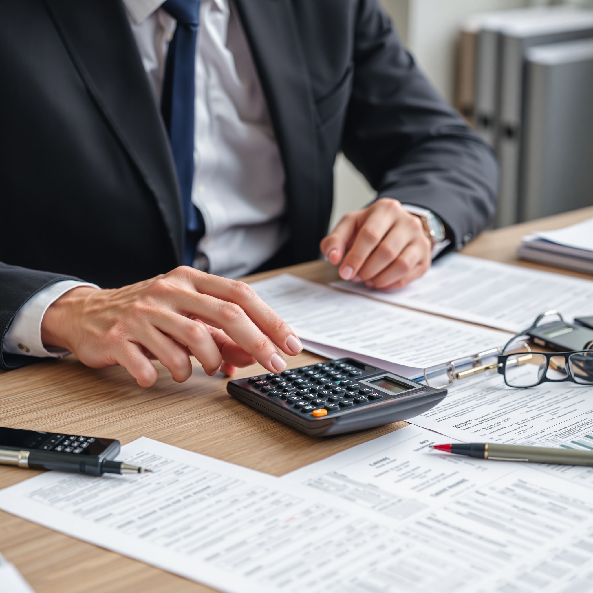 Financial professional calculating accident injury compensation using calculator and medical expense documentation