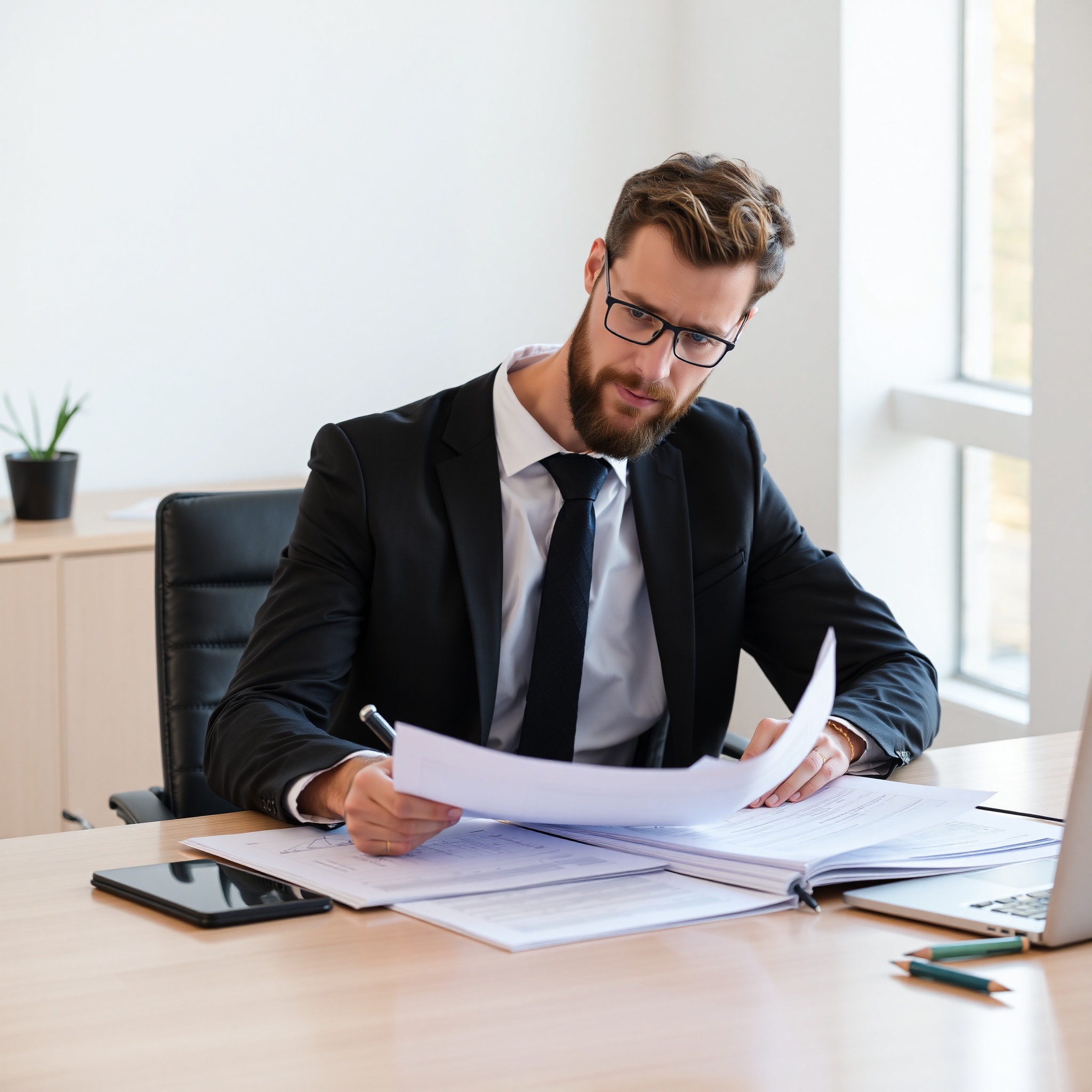 Professional legal advisor reviewing medical and accident documentation at office desk