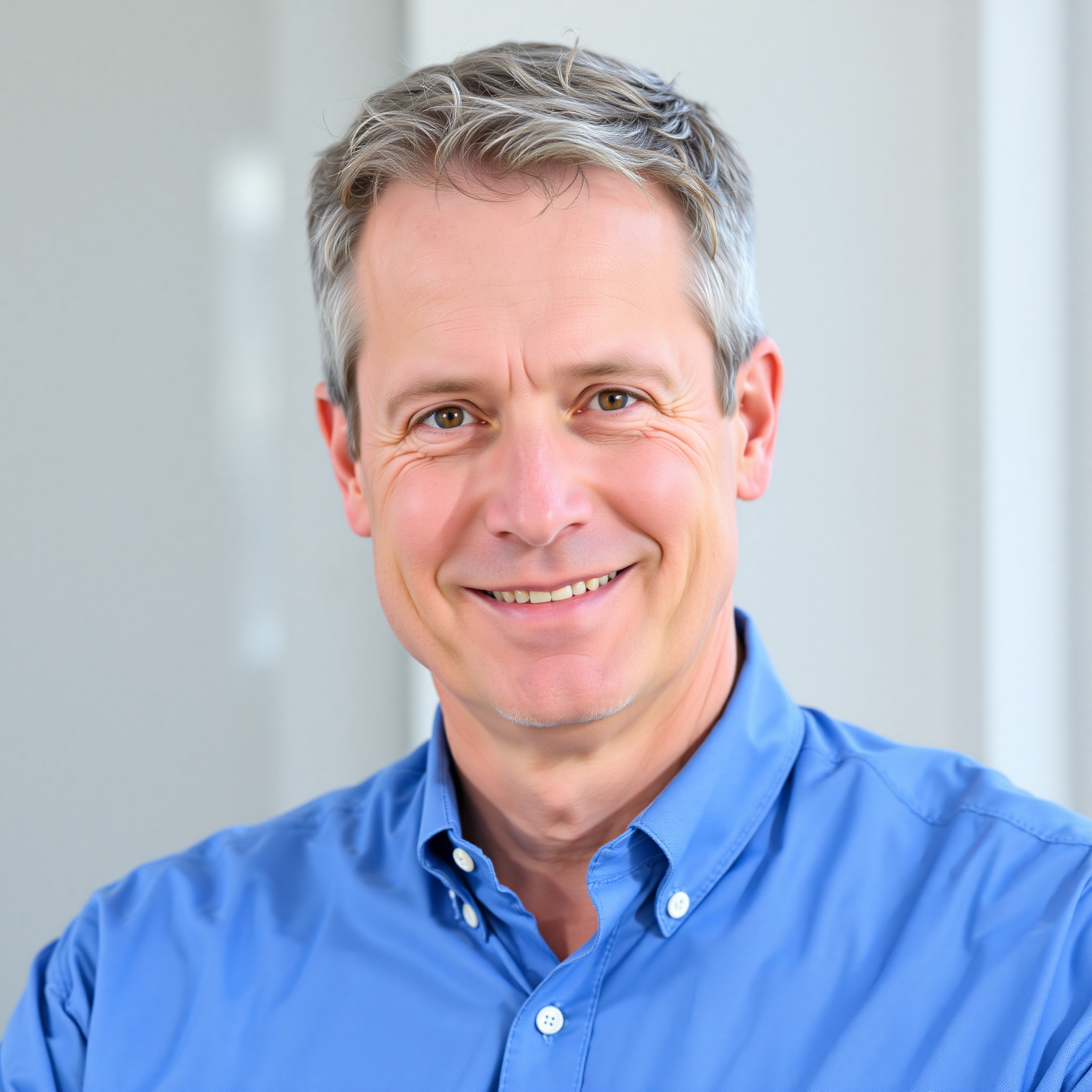 Portrait of male client age 45-55 with short gray hair wearing blue button-up shirt in casual office setting