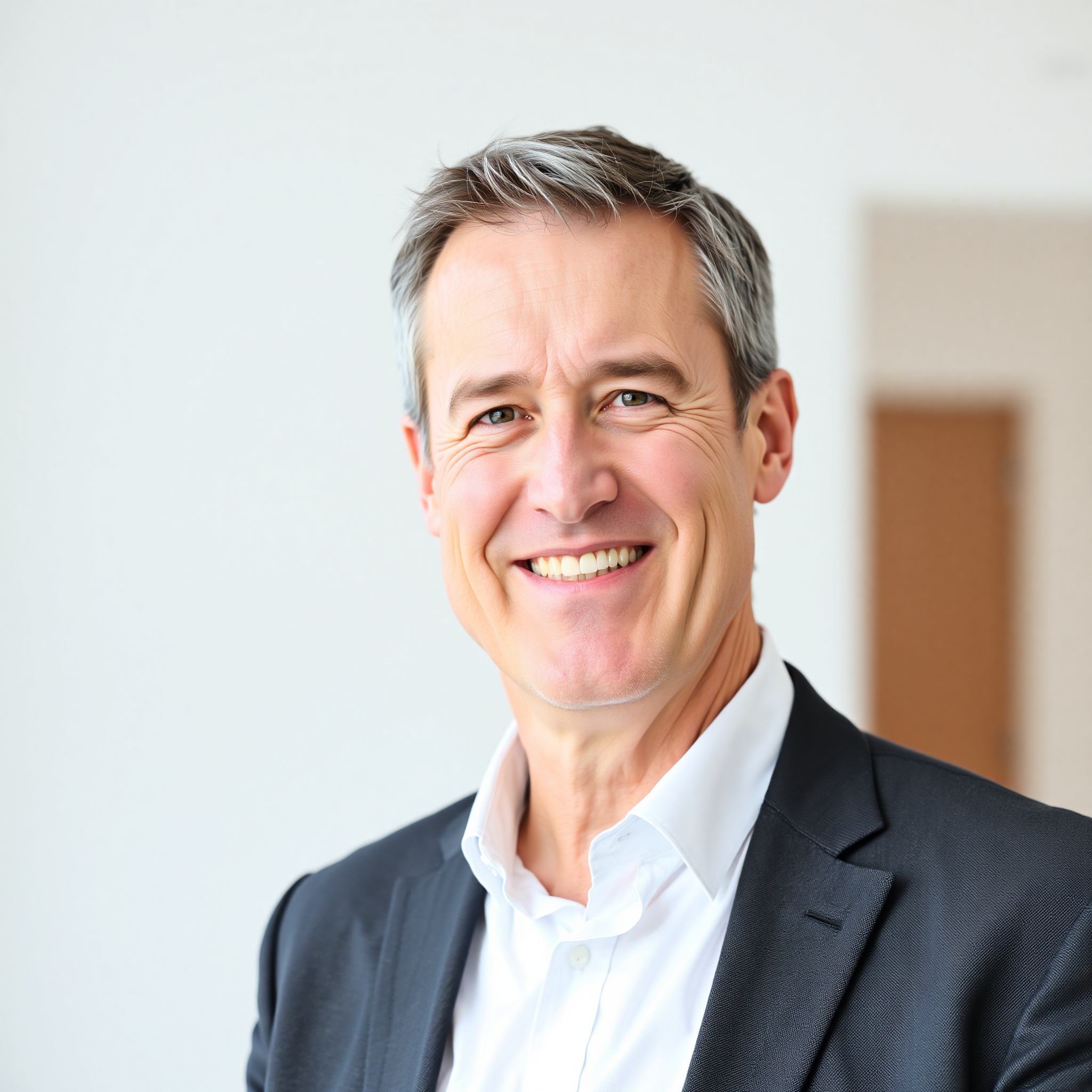 Portrait of male client age 50-60 with short dark hair graying at temples wearing charcoal gray blazer