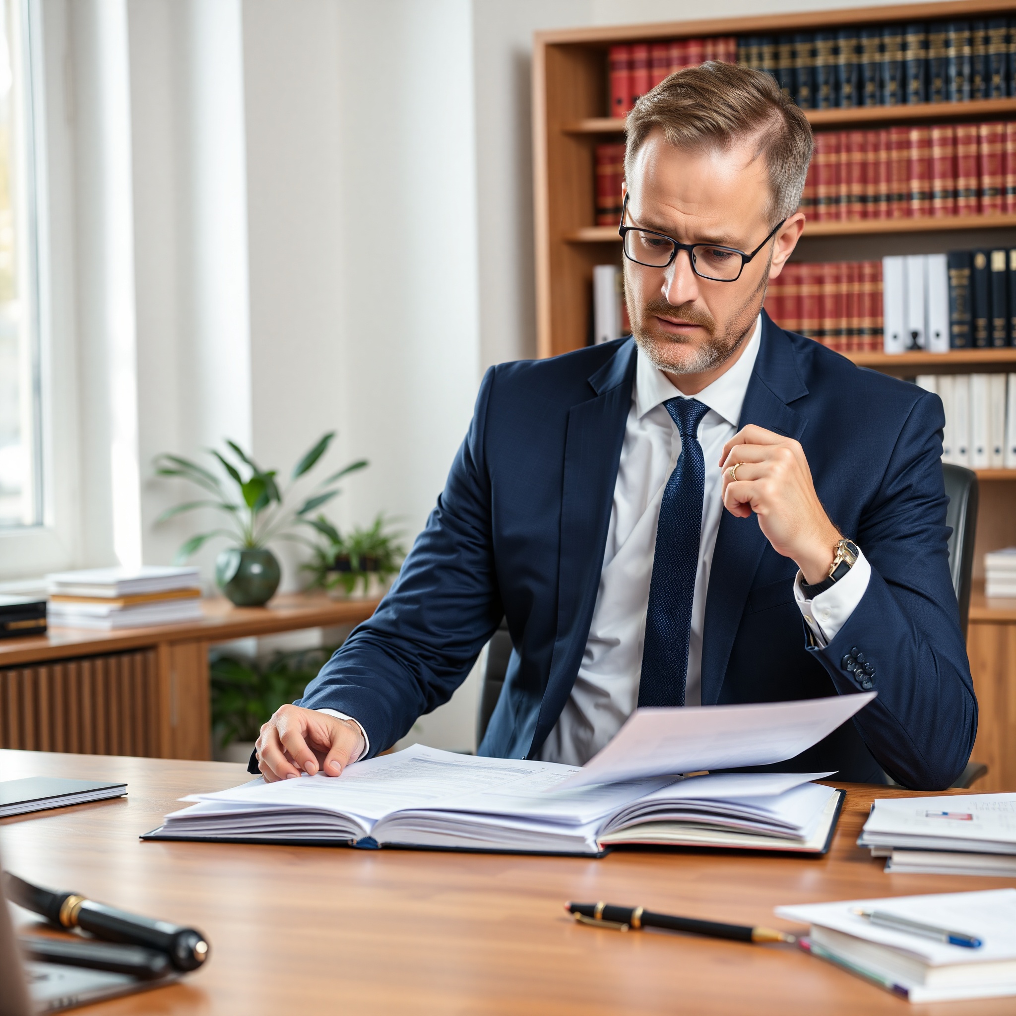Professional accident lawyer reviewing case files in modern office setting with legal documents